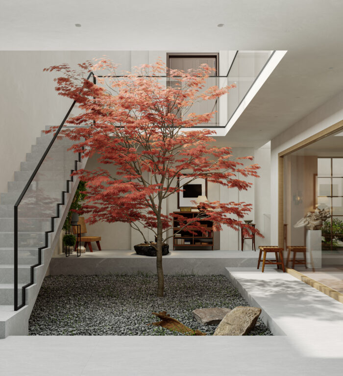 Mid-Century Modern Double-Height Living Room & Zen Courtyard. 3ds Max - Corona