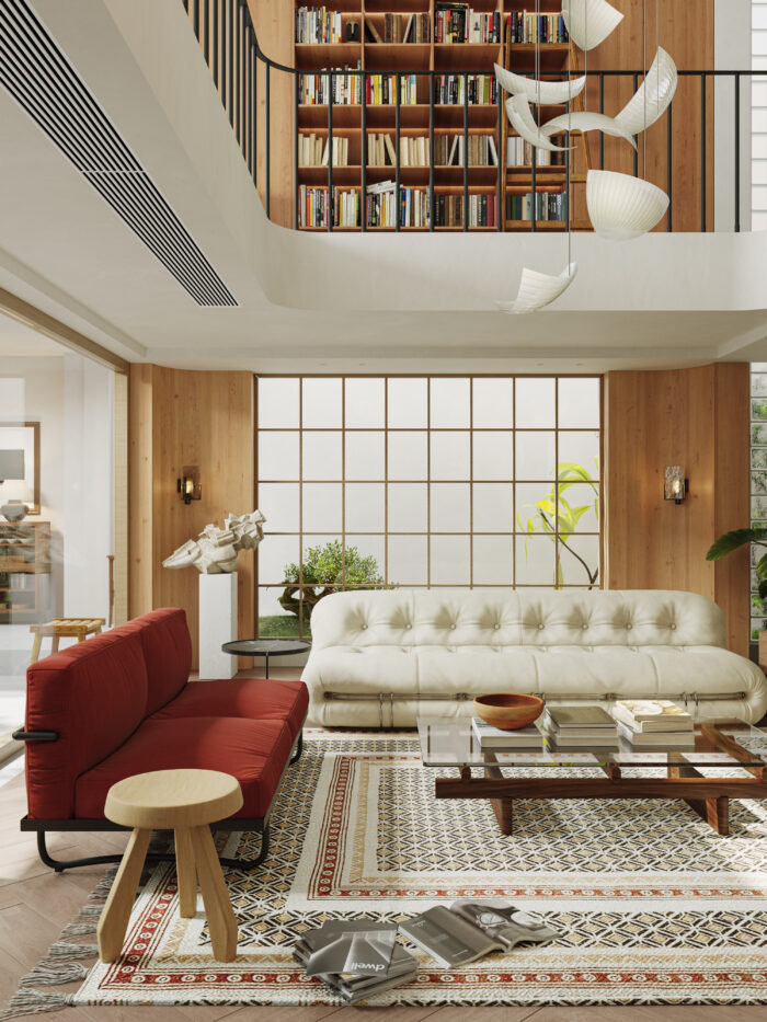 Mid-Century Modern Double-Height Living Room & Zen Courtyard. 3ds Max - Corona