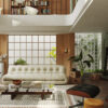 Mid-Century Modern Double-Height Living Room & Zen Courtyard. 3ds Max - Corona