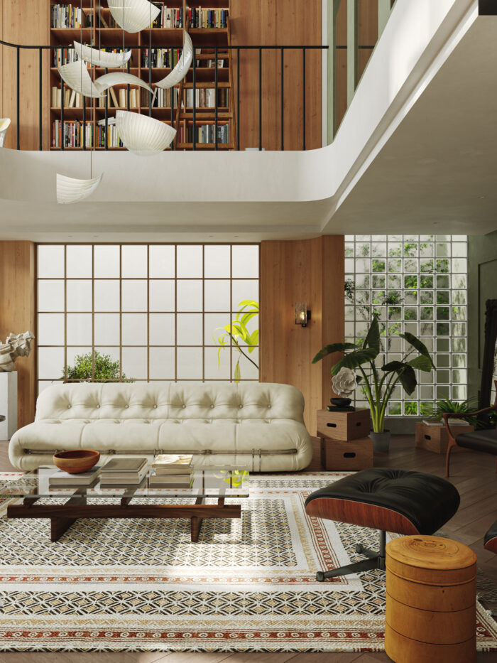 Mid-Century Modern Double-Height Living Room & Zen Courtyard. 3ds Max - Corona
