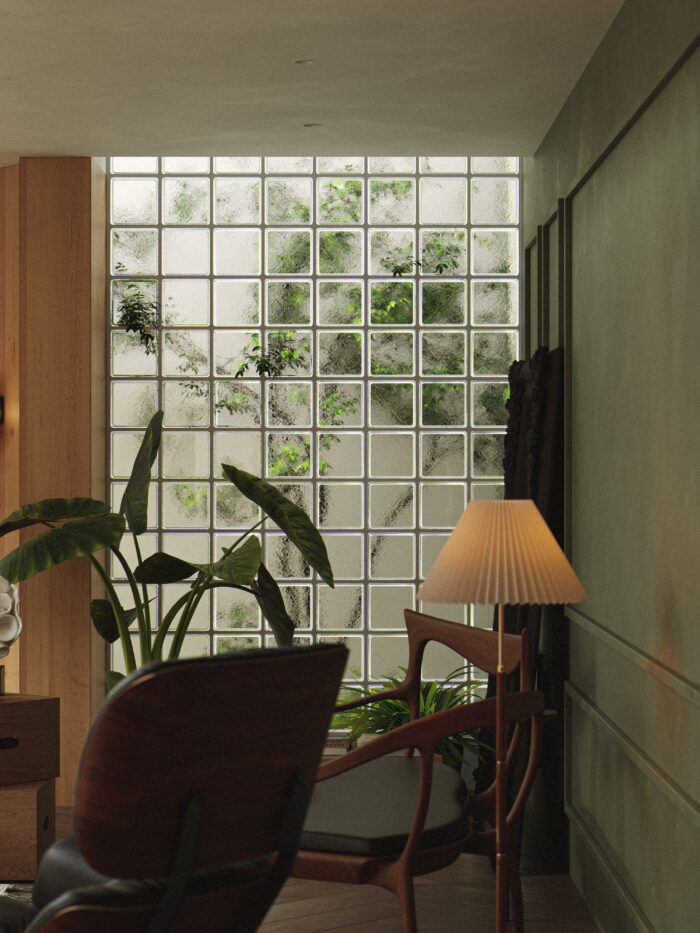 Mid-Century Modern Double-Height Living Room & Zen Courtyard. 3ds Max - Corona