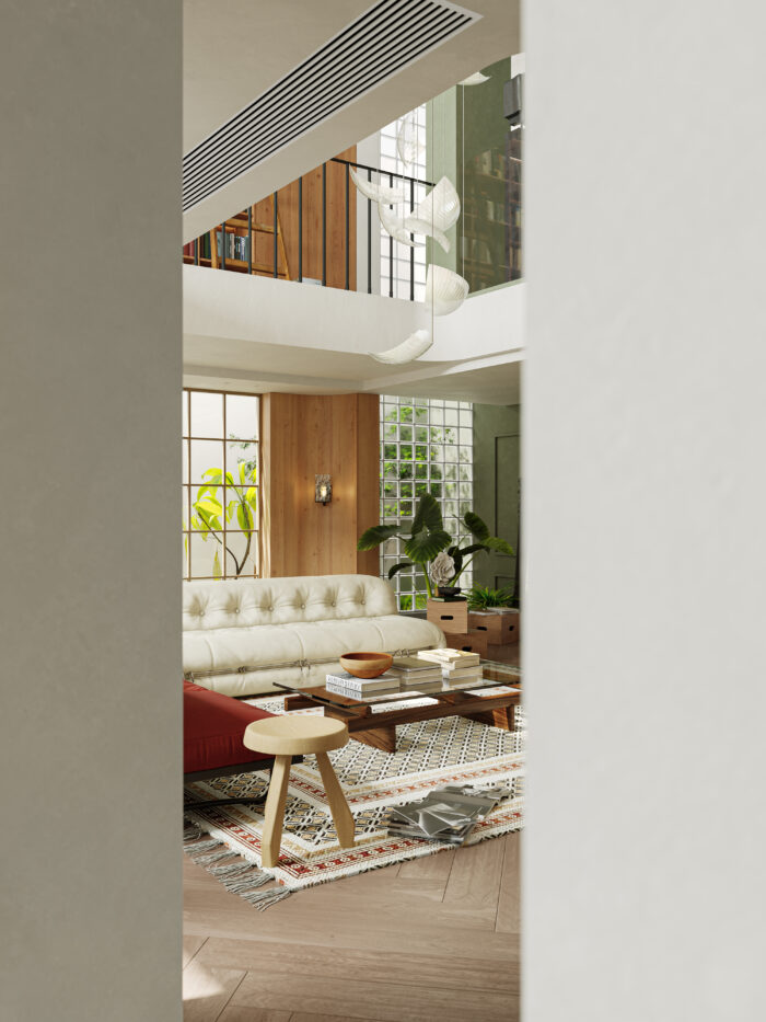 Mid-Century Modern Double-Height Living Room & Zen Courtyard. 3ds Max - Corona