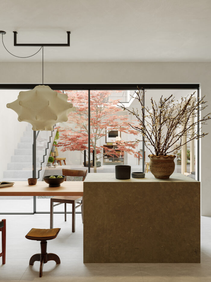 Mid-Century Modern Double-Height Living Room & Zen Courtyard. 3ds Max - Corona