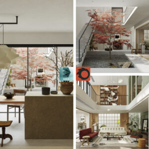 Mid-Century Modern Double-Height Living Room & Zen Courtyard. 3ds Max - Corona