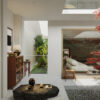 Mid-Century Modern Double-Height Living Room & Zen Courtyard. 3ds Max - Corona