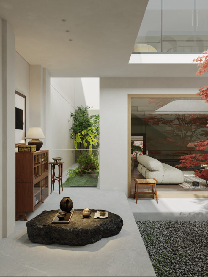Mid-Century Modern Double-Height Living Room & Zen Courtyard. 3ds Max - Corona