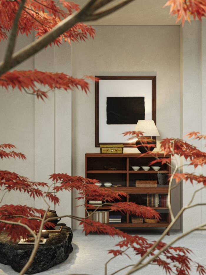 Mid-Century Modern Double-Height Living Room & Zen Courtyard. 3ds Max - Corona