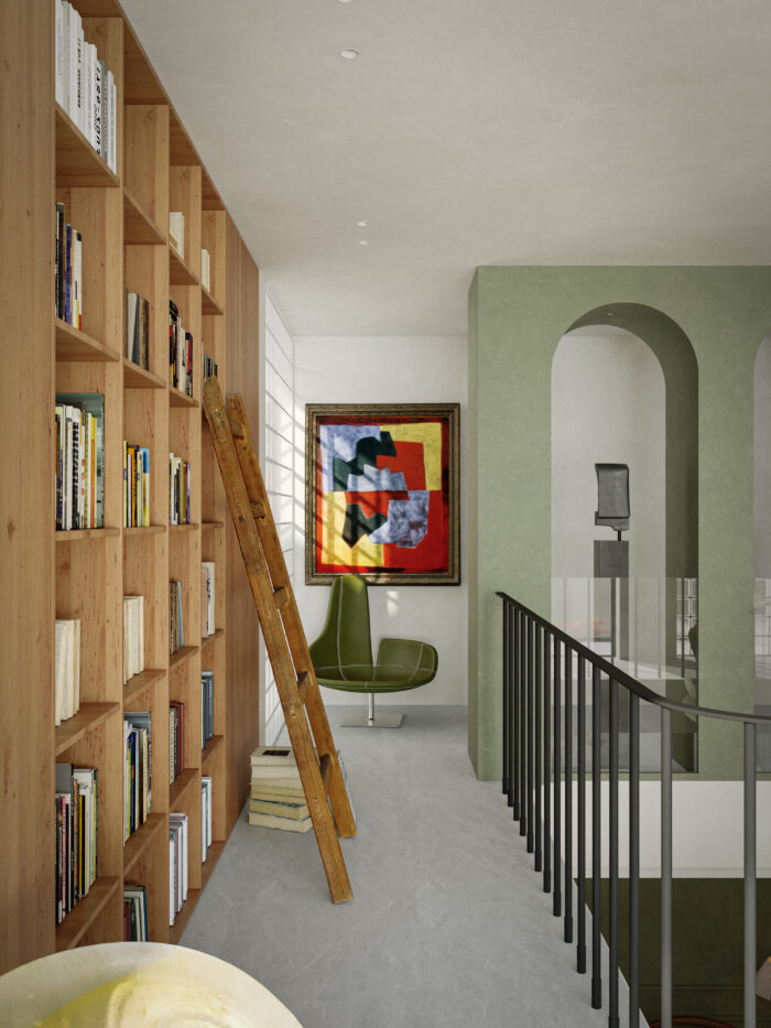 Mid-Century Modern Double-Height Living Room & Zen Courtyard. 3ds Max - Corona