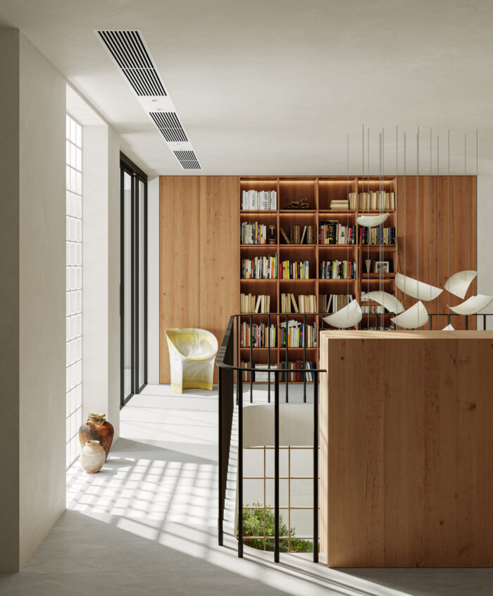 Mid-Century Modern Double-Height Living Room & Zen Courtyard. 3ds Max - Corona