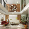 Mid-Century Modern Double-Height Living Room & Zen Courtyard. 3ds Max - Corona