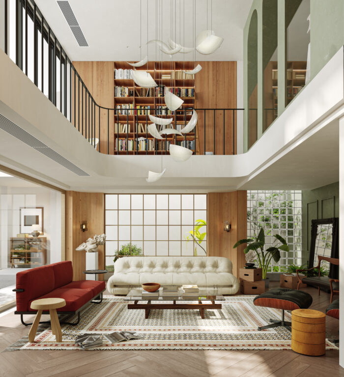Mid-Century Modern Double-Height Living Room & Zen Courtyard. 3ds Max - Corona