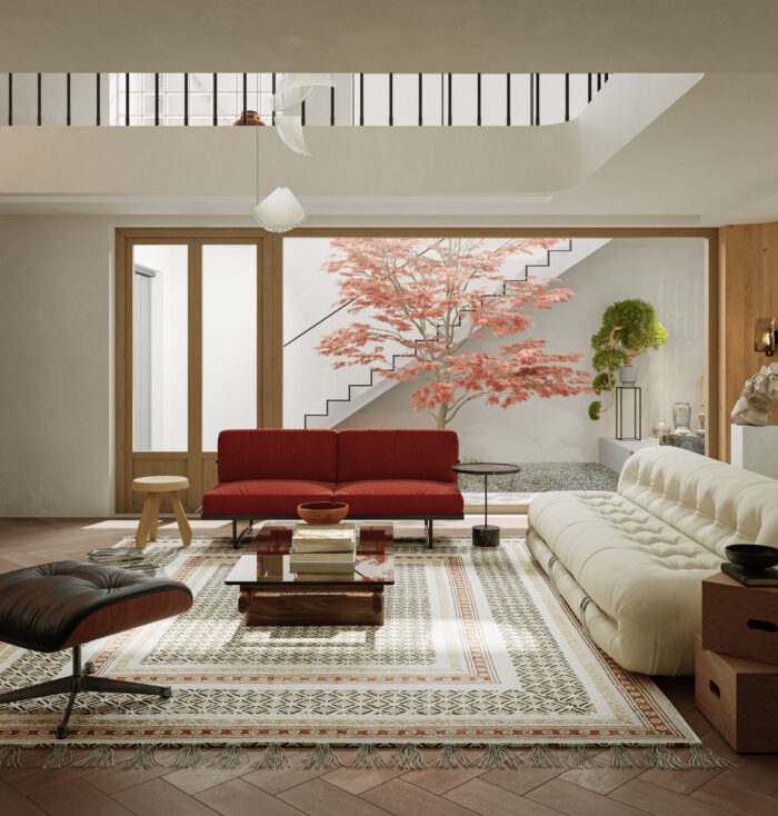 Mid-Century Modern Double-Height Living Room & Zen Courtyard. 3ds Max - Corona