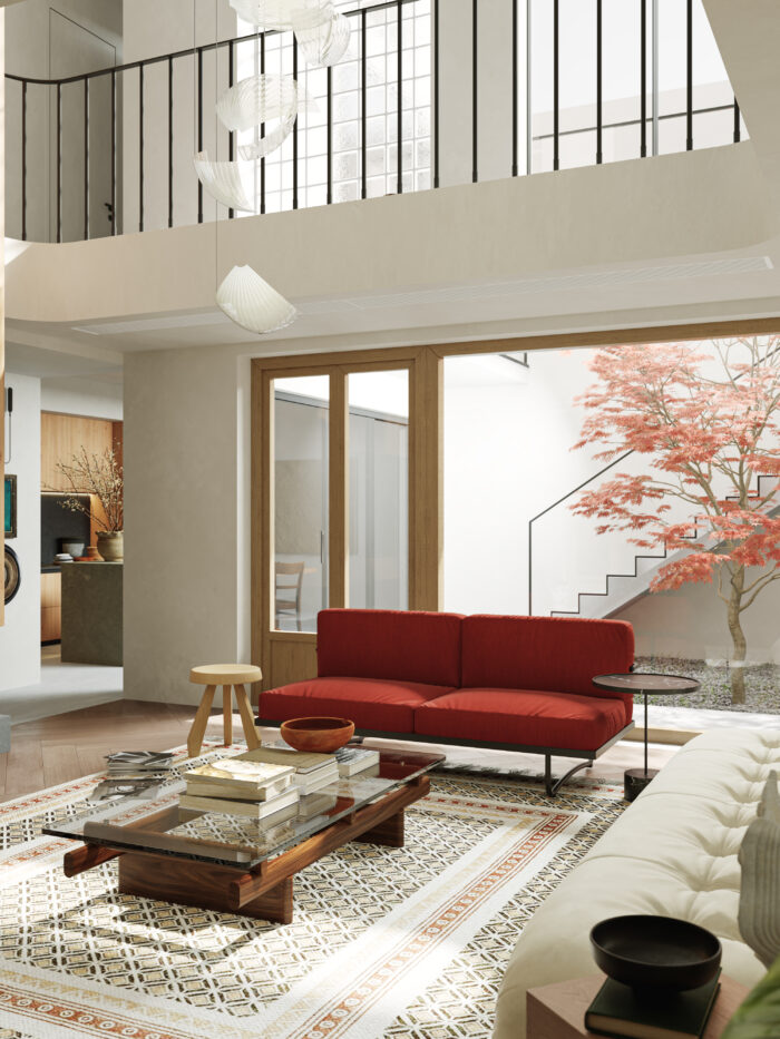 Mid-Century Modern Double-Height Living Room & Zen Courtyard. 3ds Max - Corona