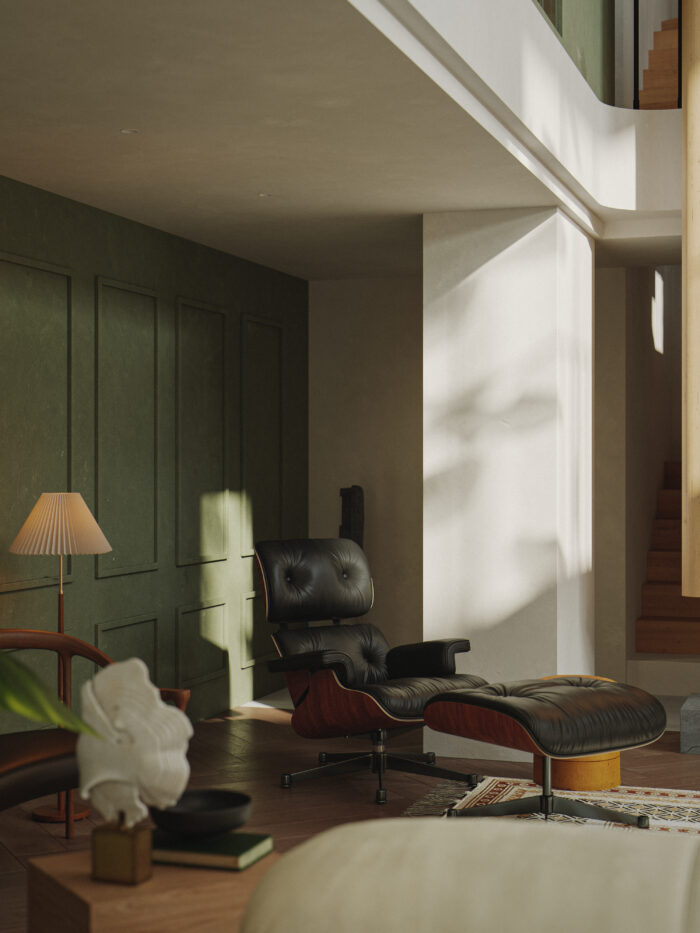 Mid-Century Modern Double-Height Living Room & Zen Courtyard. 3ds Max - Corona