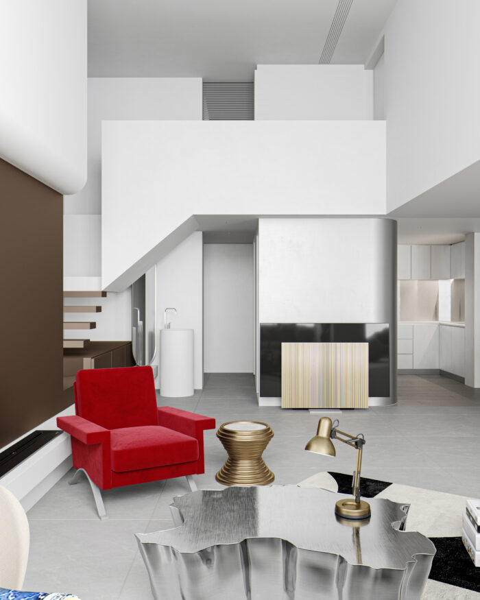 Modern Eclectic High Ceiling Living Room Scene 3D Model - Corona Render