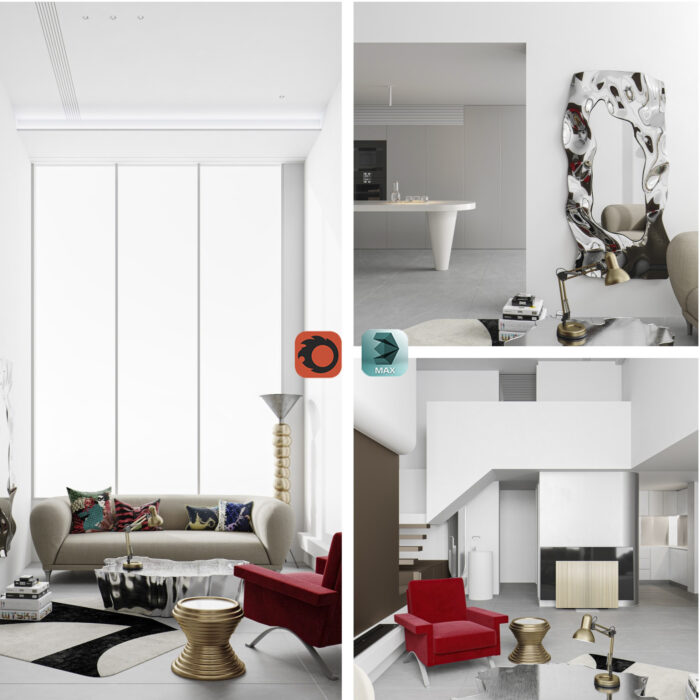 Modern Eclectic High Ceiling Living Room Scene 3D Model - Corona Render