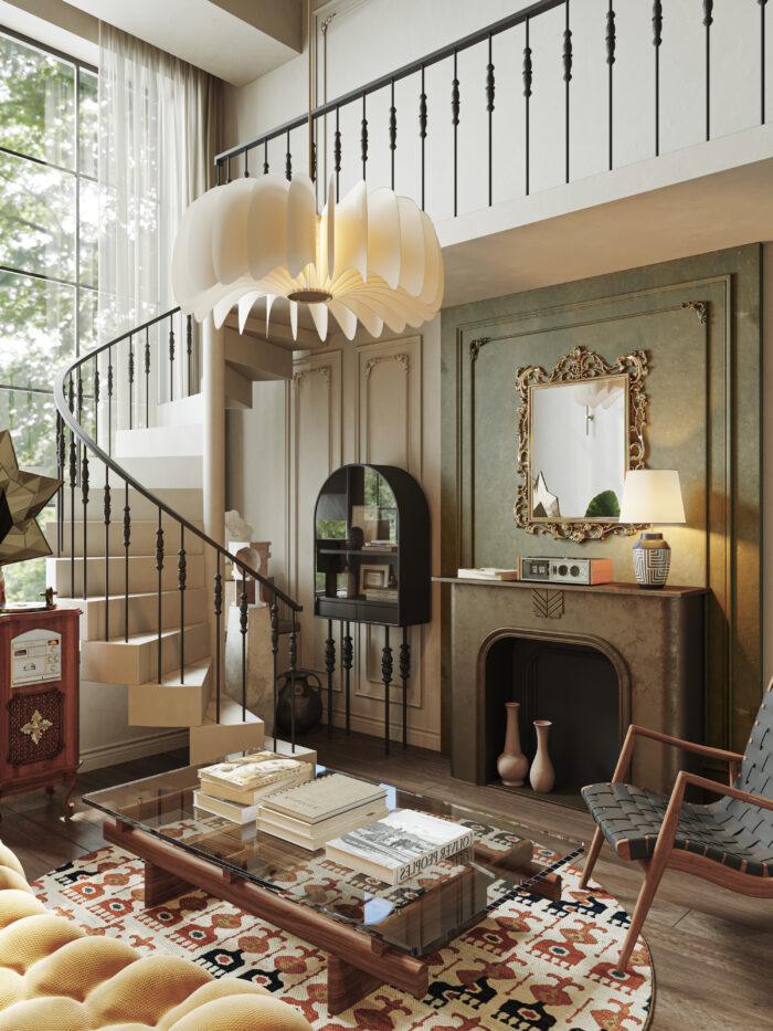 Modern French Eclectic Loft Bedroom and Living Room 3D Model - 3ds Max - Corona