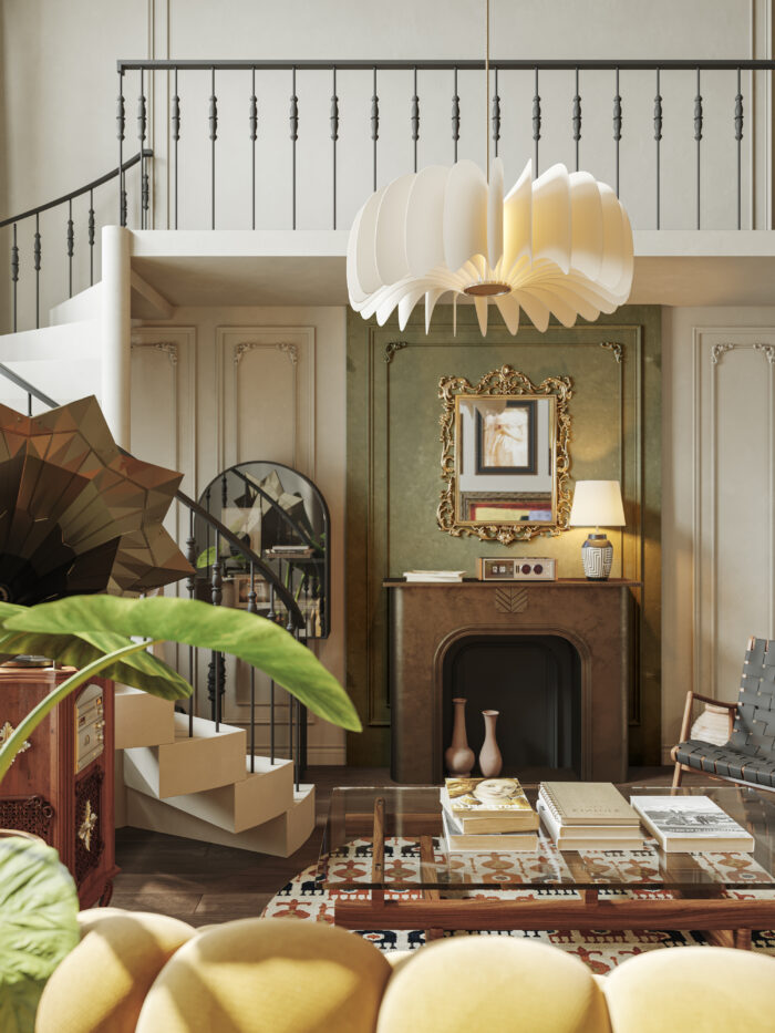 Modern French Eclectic Loft Bedroom and Living Room 3D Model - 3ds Max - Corona