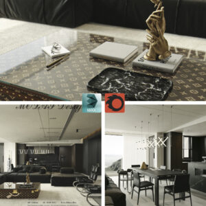 Modern Luxury Dark Interior Living Room & Kitchen 3D Model