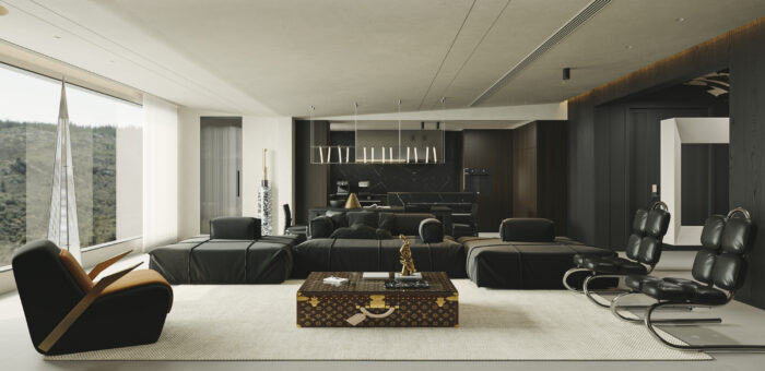 Modern Luxury Dark Interior Living Room & Kitchen 3D Model