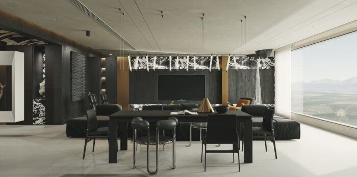 Modern Luxury Dark Interior Living Room & Kitchen 3D Model