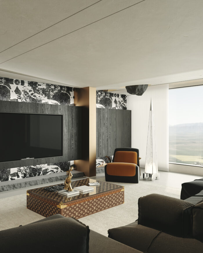 Modern Luxury Dark Interior Living Room & Kitchen 3D Model