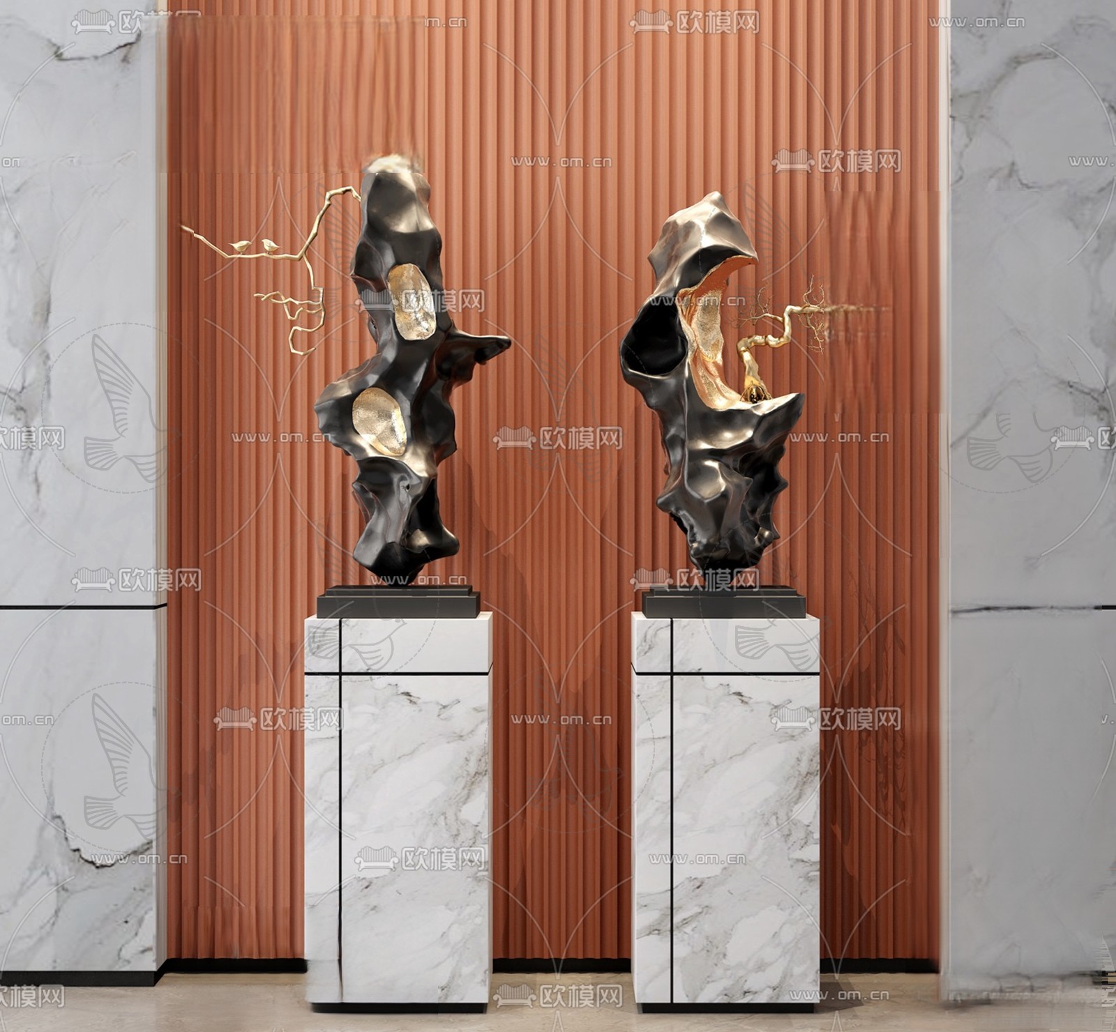 Abstract Black Gold Sculpture Set 3d Model